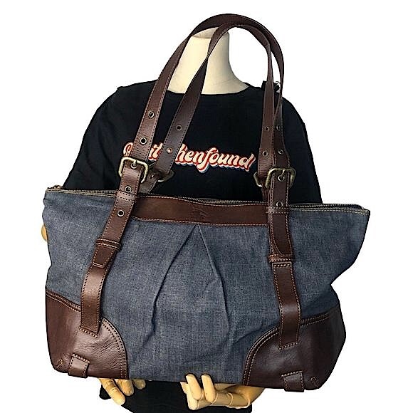 BURBERRY Denim Shoulder Bag Brown Leather Top Zip Closure Blue Label RARE - Picture 3 of 17